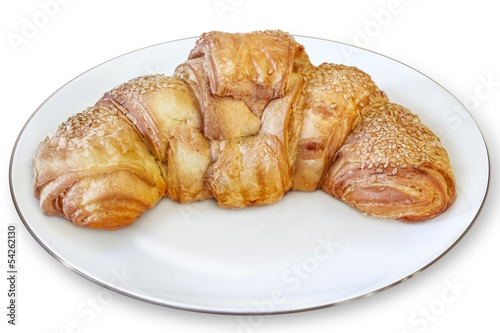 Croissant Puff Pastry Roll In White Porcelain Plate - Isolated O