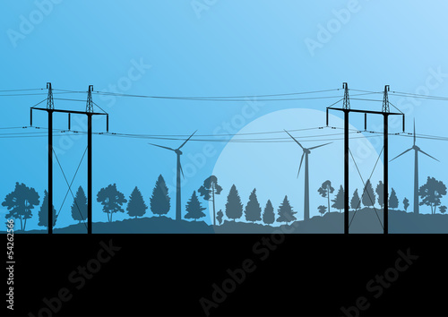 Power high voltage electricity tower line and wind generators in
