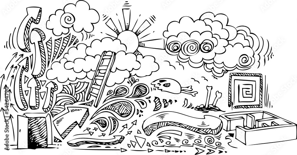 Sketched doodles about freedom, door open to imagination. Sketched doodles about freedom, door open to imagination.