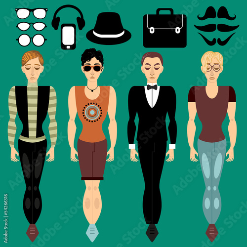 Set of stylish boys and various accessories
