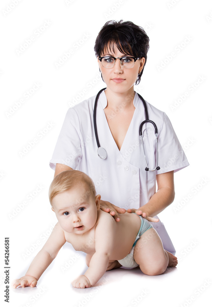 beautiful doctor and baby on a white background. beautiful doctor and baby on a white background.