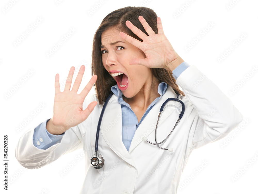Screaming scared doctor woman afraid Screaming scared doctor woman afraid