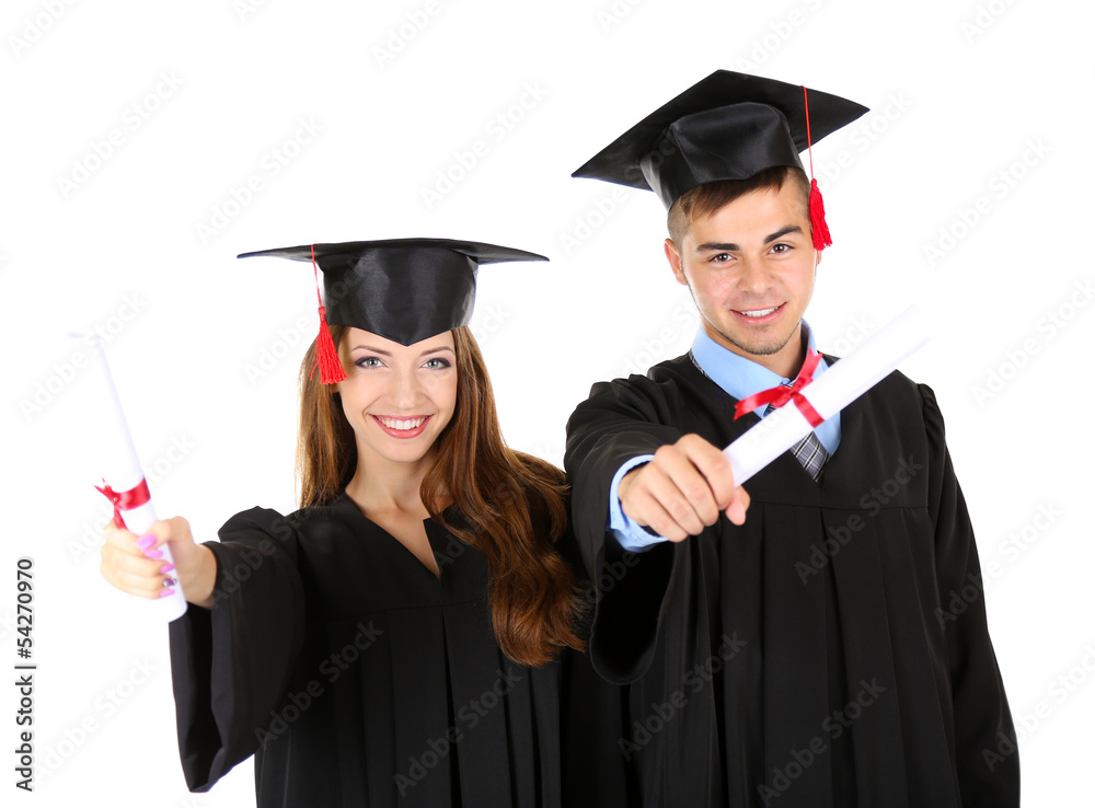 Two happy graduating students isolated on white Two happy graduating students isolated on white