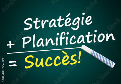 Stratégie + Planification = Succès (Mots sur tableau noir)