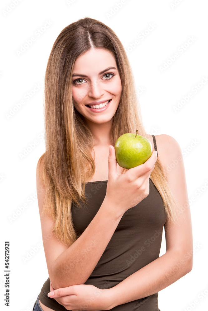 Portrait of a young woman eating green apple Portrait of a young woman eating green apple