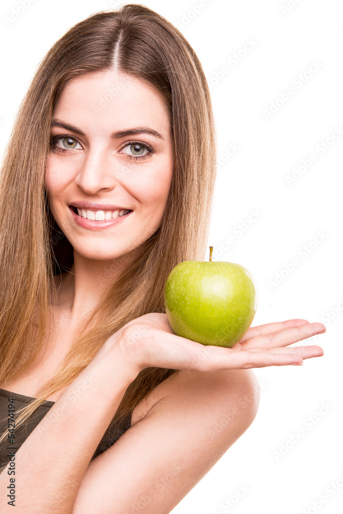 Portrait of a young woman eating green apple Portrait of a young woman eating green apple