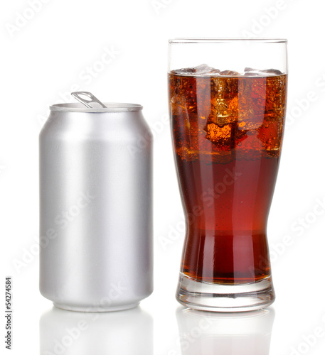 Open aluminum can and glass of cola isolated on white.