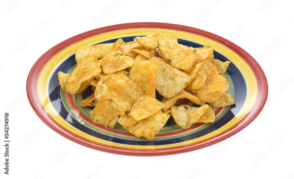 Colorful plate filled with red chili chips Colorful plate filled with red chili chips
