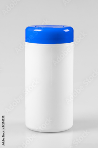 White plastic container with a blue lid