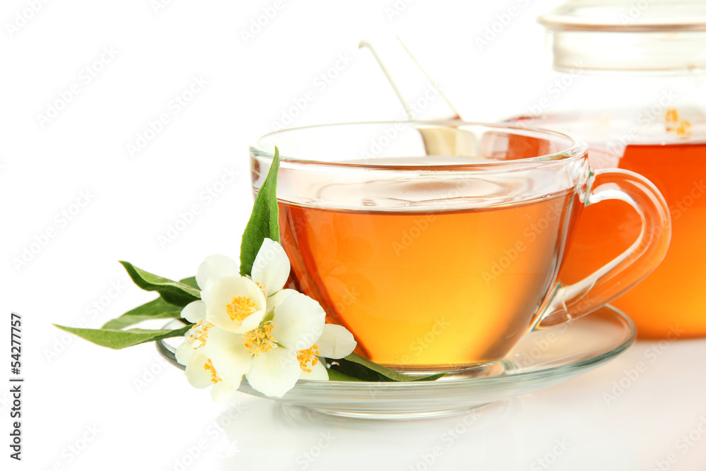 Cup of tea with jasmine, isolated on white Cup of tea with jasmine, isolated on white
