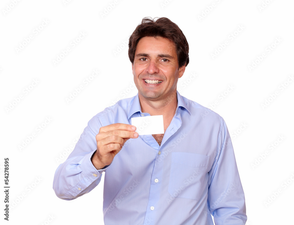 Stylish adult man holding a blank business card Stylish adult man holding a blank business card