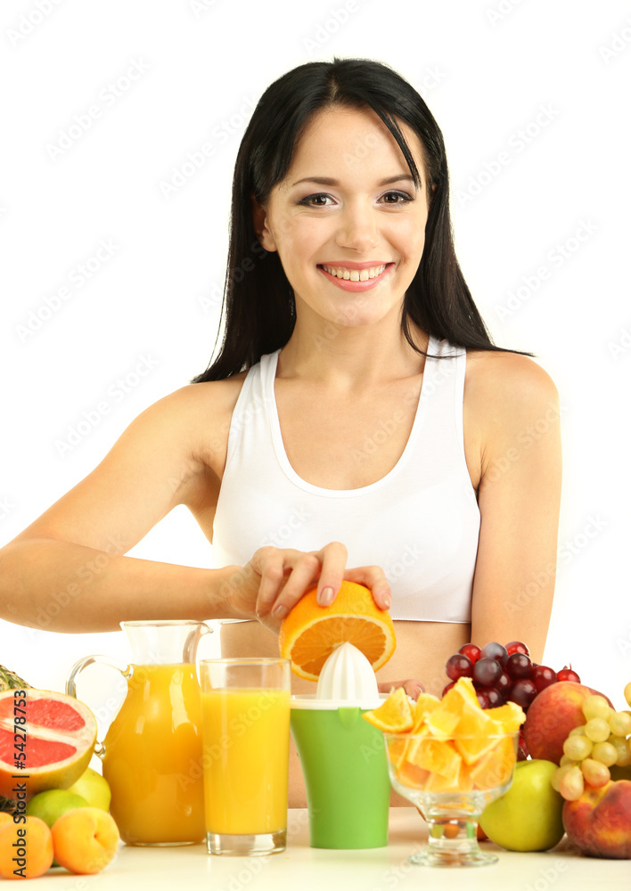 Girl with fresh fruits and juice isolated on white Girl with fresh fruits and juice isolated on white