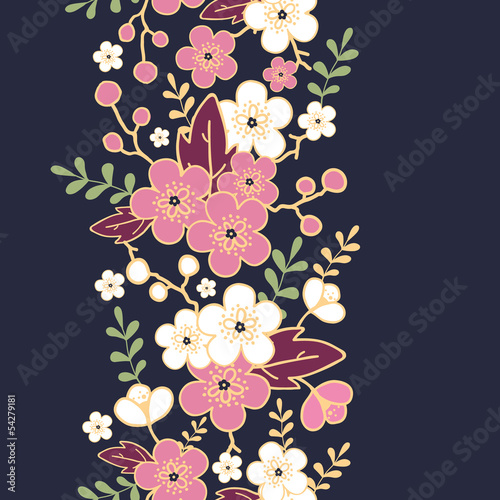 Vector night garden sakura blossoms vertical seamless pattern