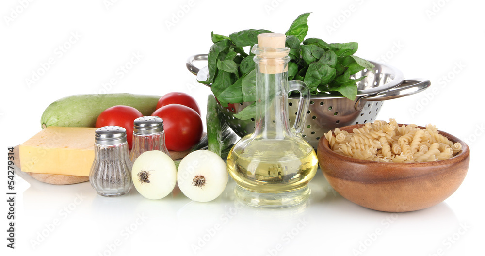 Ingredients for cooking pasta isolated on white Ingredients for cooking pasta isolated on white