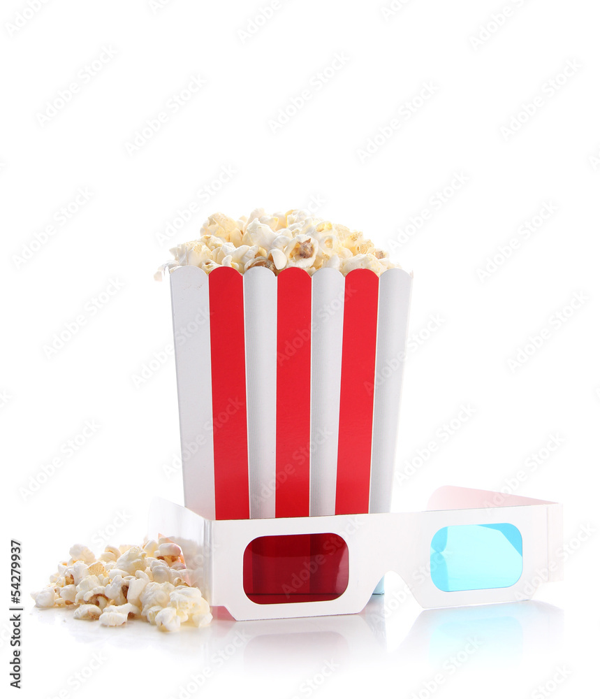 Fototapeta premium Popcorn and 3D glasses, isolated on white