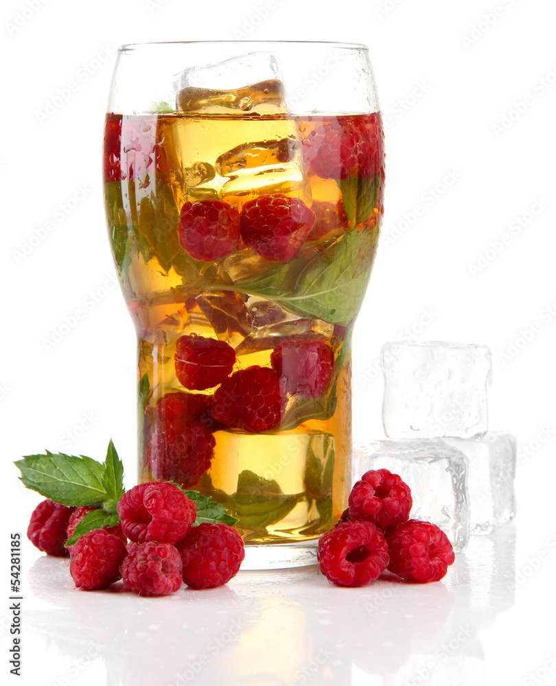 Iced tea with raspberries and mint isolated on white Iced tea with raspberries and mint isolated on white