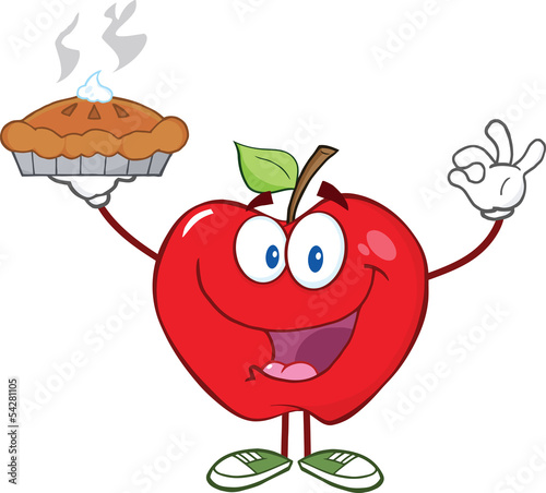 Happy Red Apple Character Holding Up A Pie