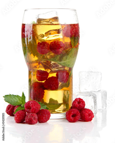 Iced tea with raspberries and mint isolated on white