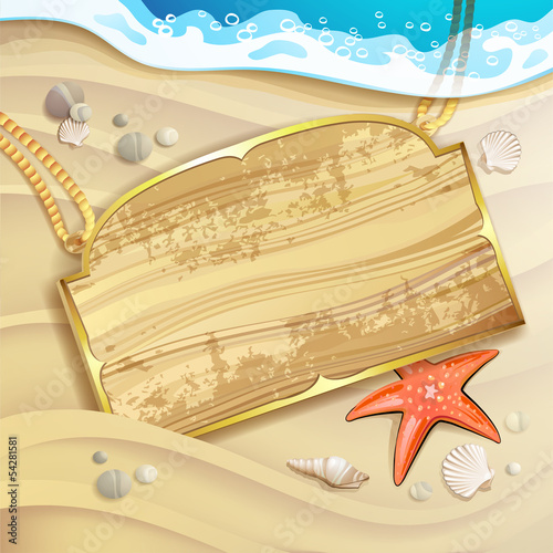 Wood banner over sand beach and shells