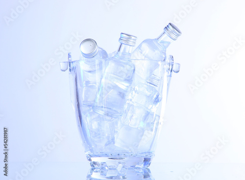 Minibar bottles in bucket with ice cubes, isolated on white © Africa Studio