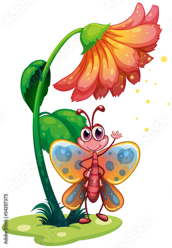 A butterfly waving below the giant flower