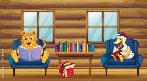 A tiger and a duck reading inside the house