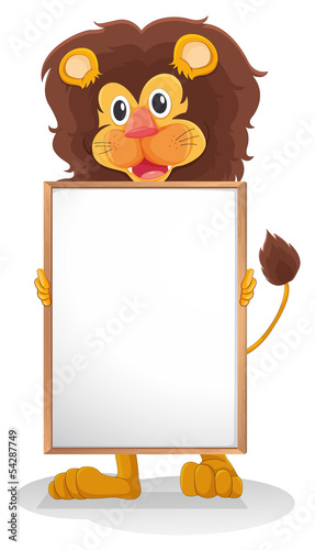 A lion smiling holding an empty board
