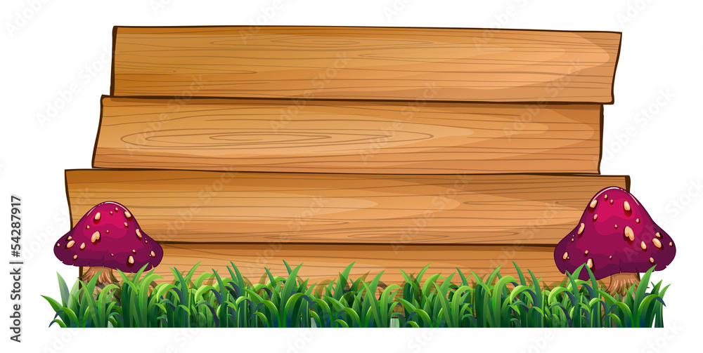 Empty wooden signboards with mushrooms at both sides