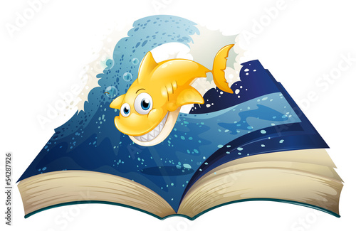 An open storybook with a smiling shark