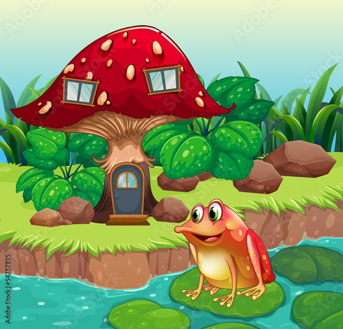 A giant mushroom house near the river with a frog