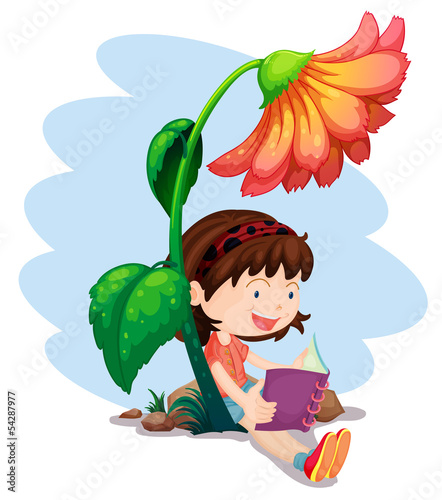 A girl reading a book below the giant flower