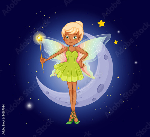 A fairy holding a wand in front of the crescent