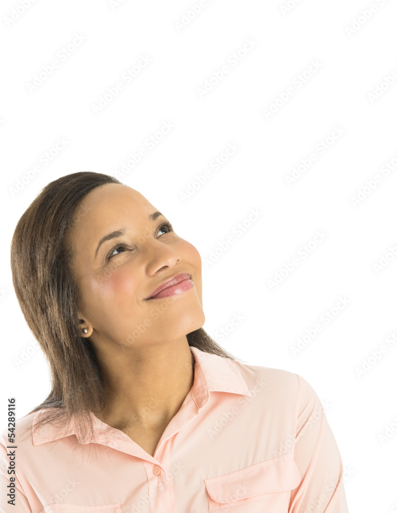 Thoughtful Businesswoman Smiling While Looking Up Thoughtful Businesswoman Smiling While Looking Up