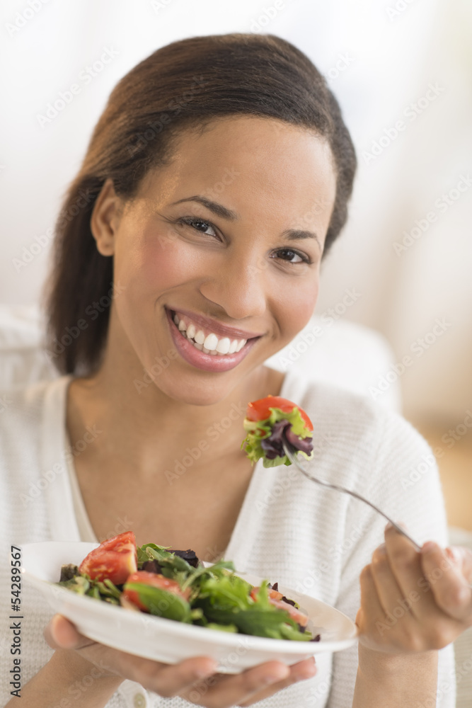 Happy Woman With Plate Of Fresh Salad At Home Happy Woman With Plate Of Fresh Salad At Home