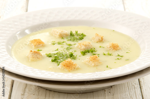 celery soup with toasted bread cubes
