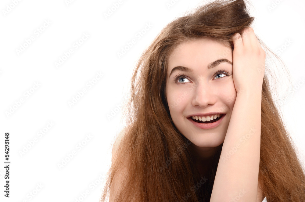 Thinking,contemplating,day dreaming.Happy woman looking up. Thinking,contemplating,day dreaming.Happy woman looking up.
