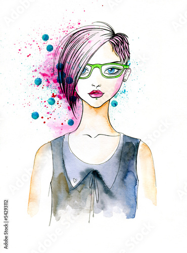 Watercolor Portrait of Hipster Girl photo