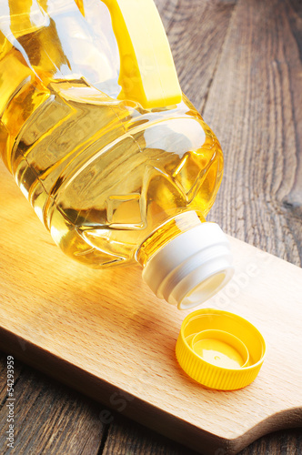 Vegetable oil in plastic bottle closeup