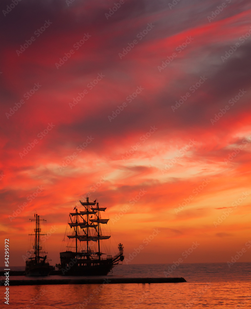 Ship silhouette at sunset