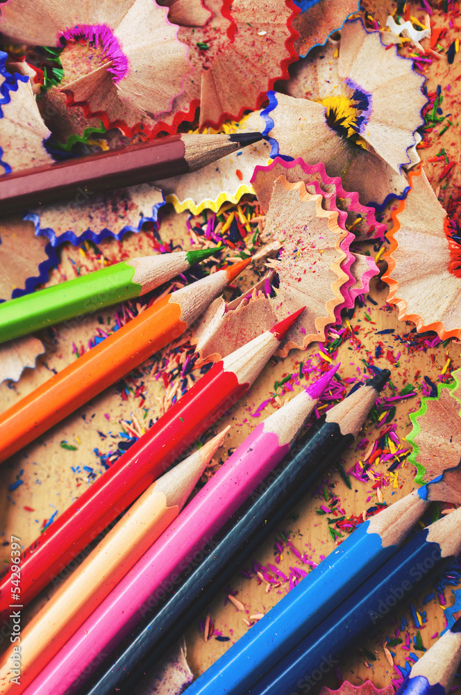Color pencils on wooden table
