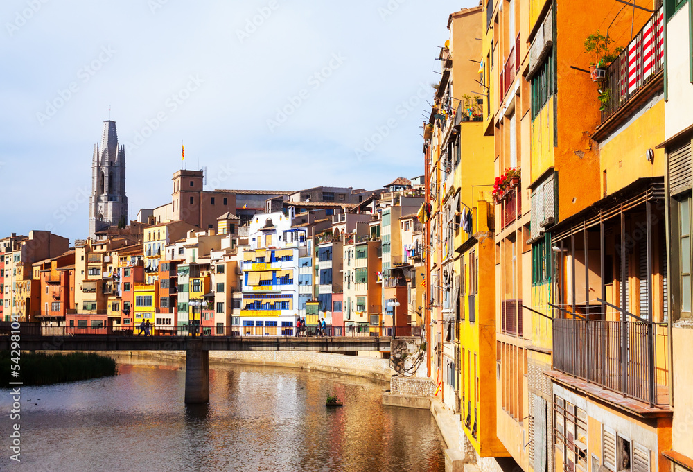 Day view of Picturesque houses  in Girona. Catalonia