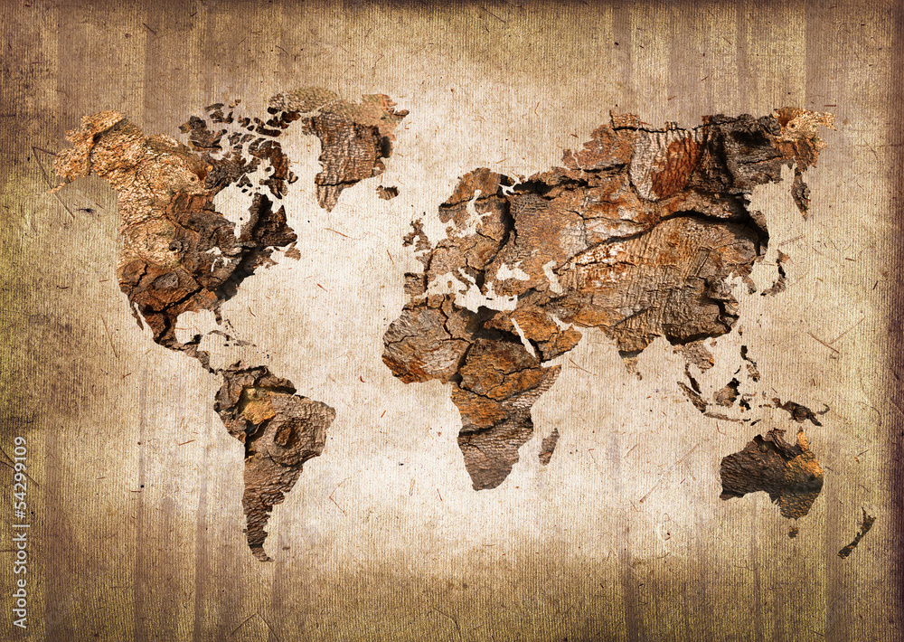 Naklejka premium Drewniana światowa mapa, rocznik tekstura