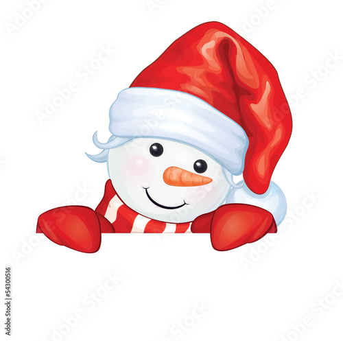 Vector of fun snowman hiding by blank isolated.