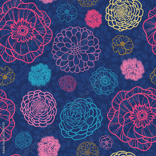 Fototapeta Naklejka Na Ścianę i Meble -  Vector glowing night flowers elegant seamless pattern background
