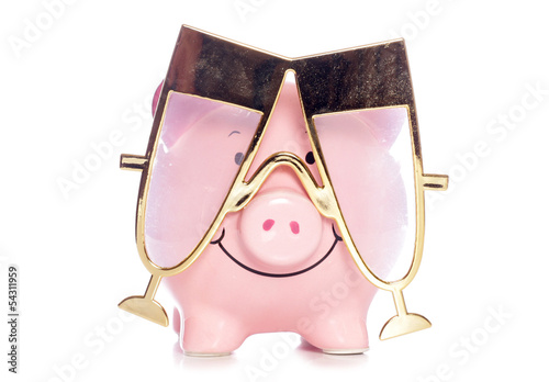 Piggy bank wearing Champagne party glasses