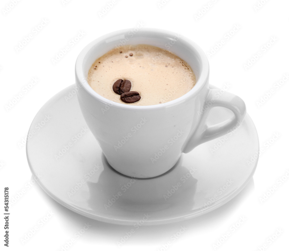 Cup of coffee with coffee beans, isolated on white Cup of coffee with coffee beans, isolated on white
