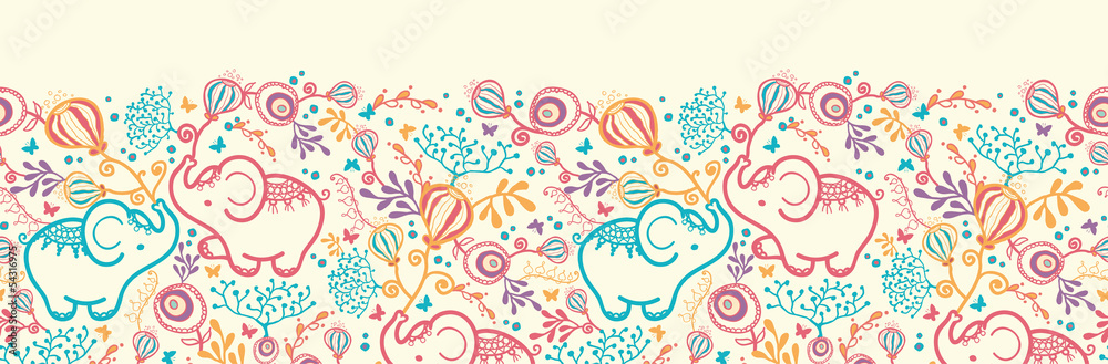 Vector Elephants With Flowers Horizontal Seamless Pattern