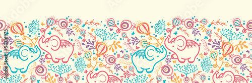 Vector Elephants With Flowers Horizontal Seamless Pattern