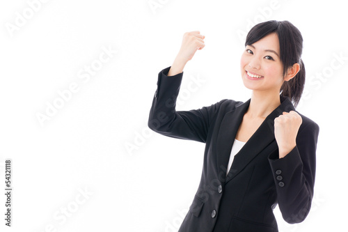 young asian businesswoman cheering on white background