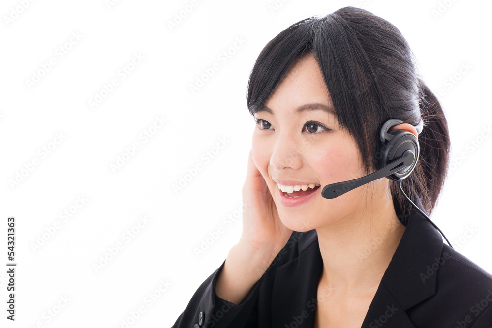 young asian businesswoman with headset talking young asian businesswoman with headset talking